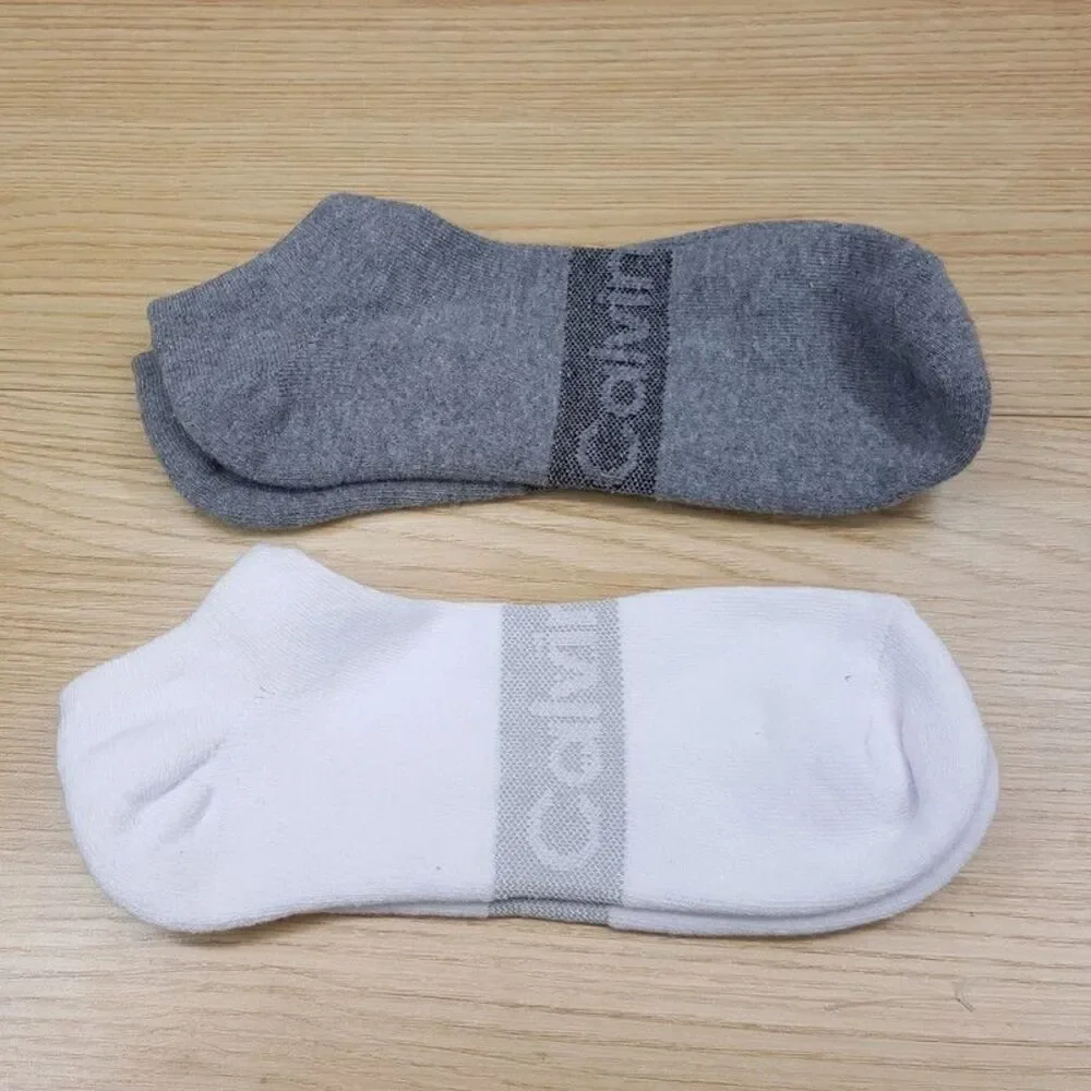 CALVIN KLEIN Low Cut Ankle Socks Mens White Gray 2-Pack Sport Cushioned CK Logo